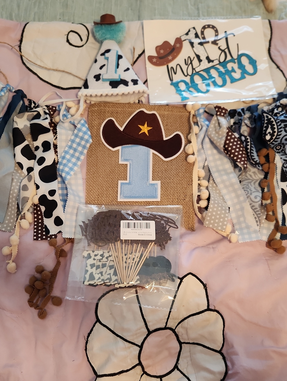 Amazon Cowboy First Birthday Banner and Hat Set - Blue, Brown, White